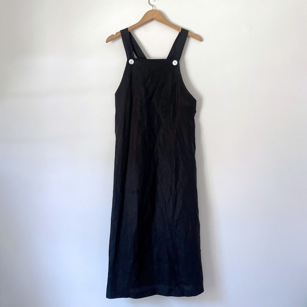 Vintage 90s Black Linen Pinafore Midi Dress Sz Small Minimalist Quiet Luxury